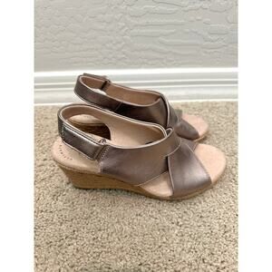 CLARK’S | Lafley Alaine Pewter Gray Leather Espadrille Wedge Sandals | Women’s 6